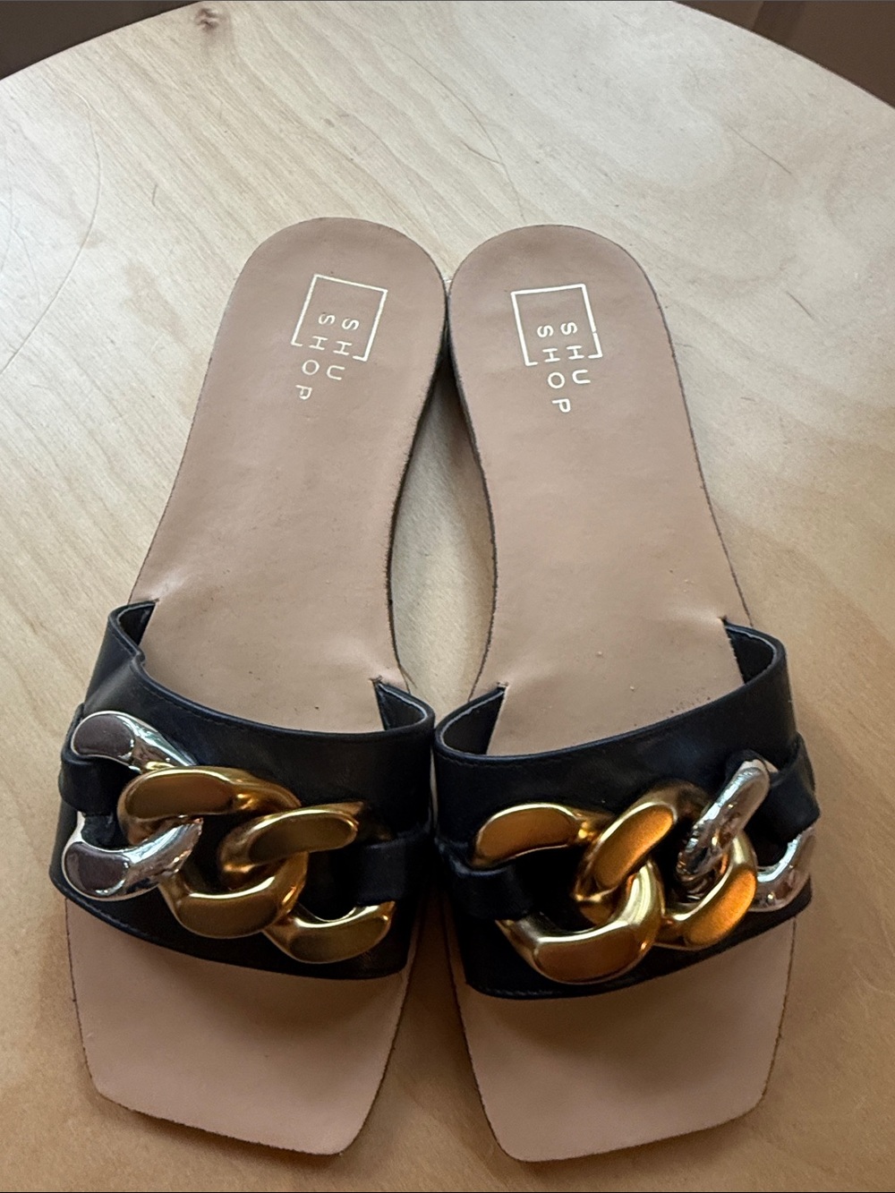 ShuShop Black Slide Mules with Gold & Silver Chain